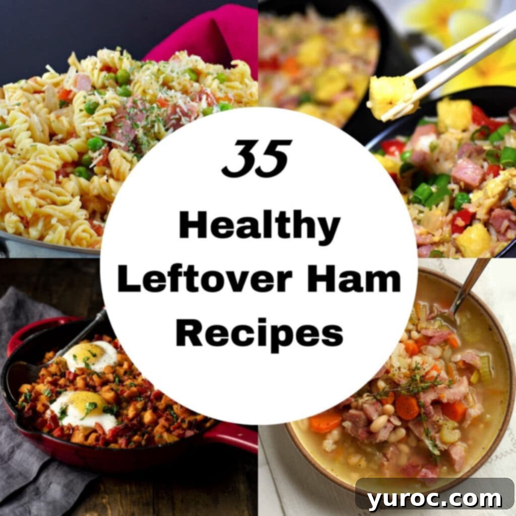 A collage of four enticing photos showcasing various healthy leftover ham recipes, with a central white circle featuring black text.