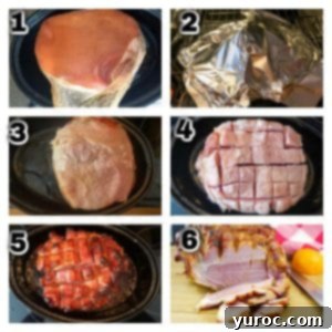 Collage of 6 images illustrating the step-by-step process of cooking a picnic ham.