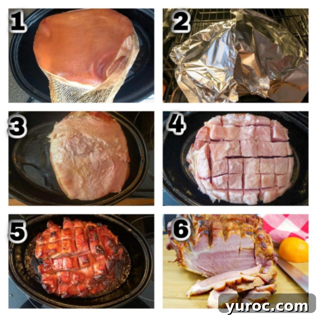 Collage of 6 images illustrating the step-by-step process of cooking a picnic ham, from preparation to basting and serving.