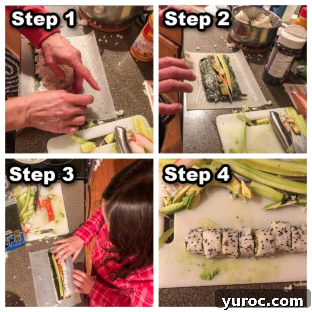 Collage of 4 photos showing how to make California Rolls step by step
