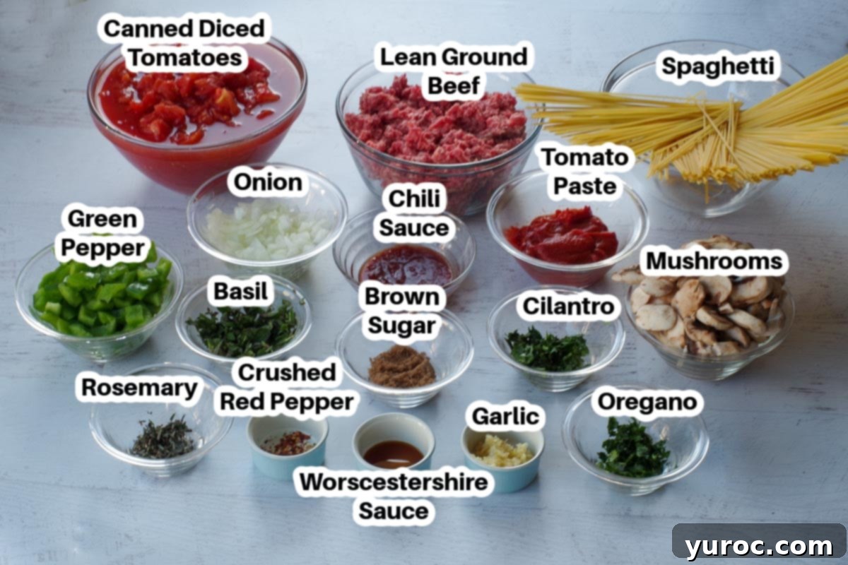 Various fresh ingredients for spaghetti sauce, including tomatoes, mushrooms, peppers, and herbs, laid out in glass bowls on a white background.