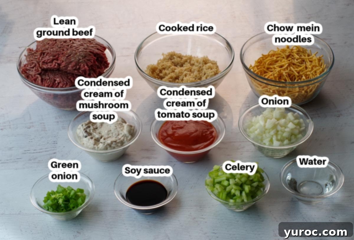 Hearty Chow Mein Hotdish 4 Individual ingredients for Chow Mein Hotdish in glass bowls, neatly labelled for clarity.