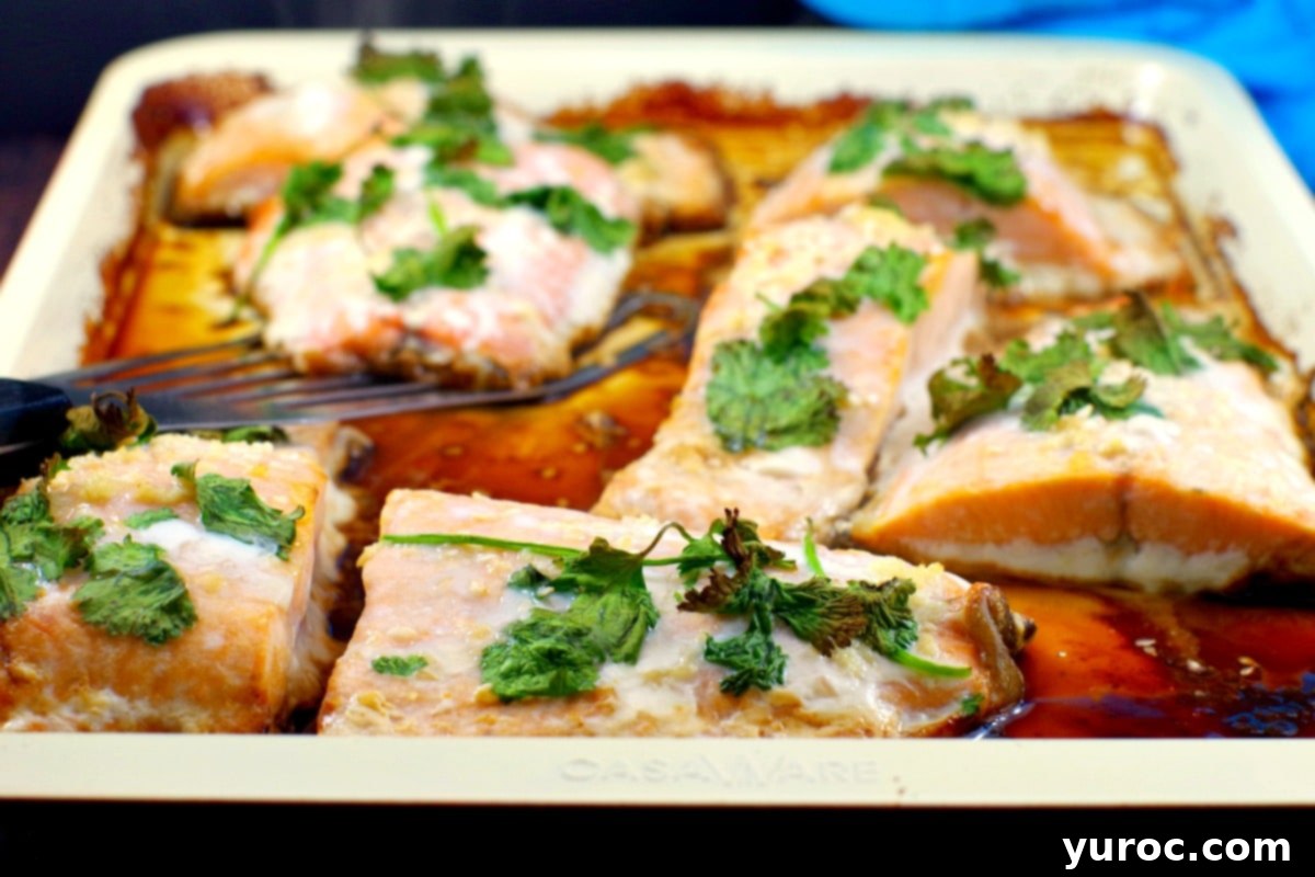 Cooked frozen salmon fillets on a sheet pan with soya sauce, cilantro and sesame seeds, ready to be served.