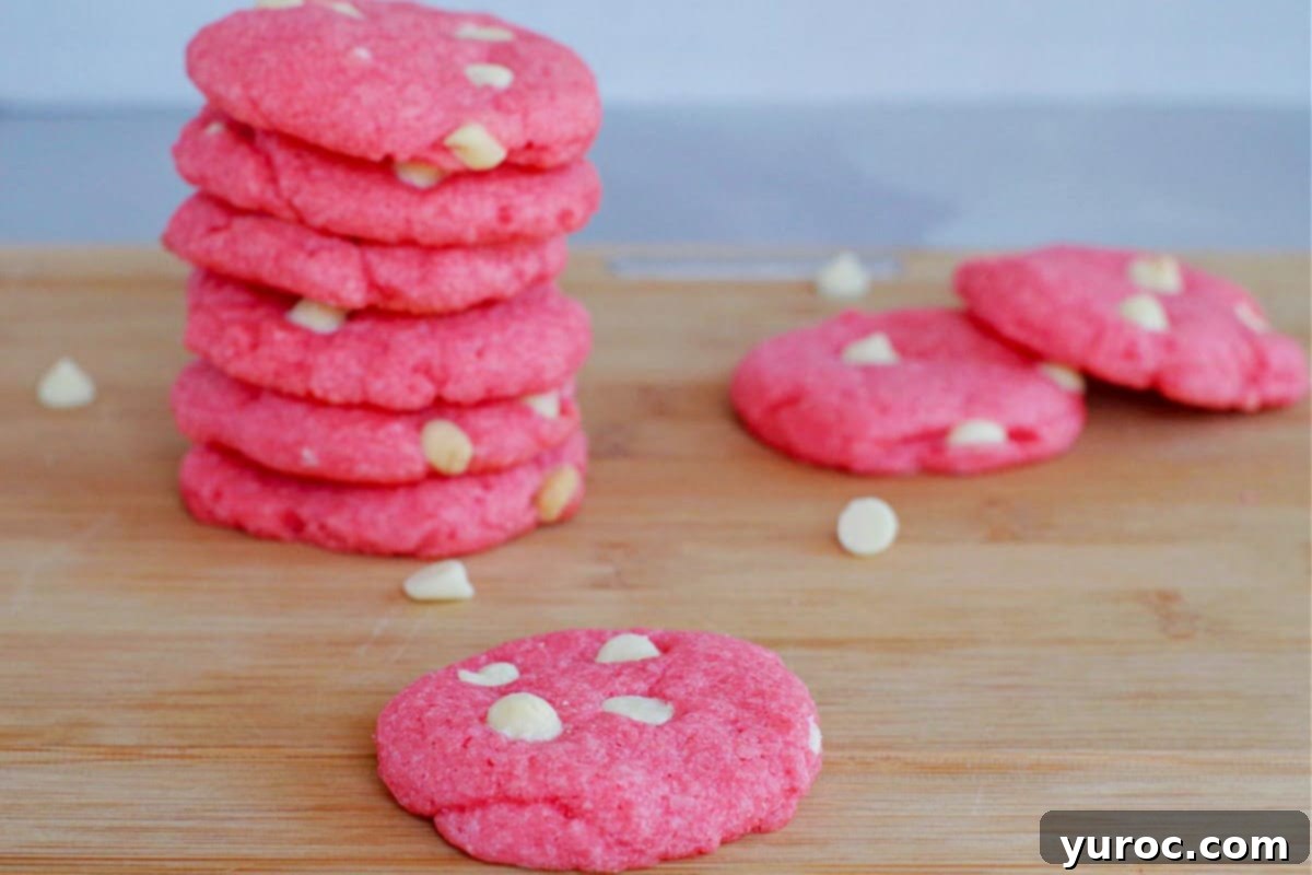 Dreamy Strawberry Milkshake Cookies 1 strawberry milkshake cookies on a wood cutting board, with a stack of cookies background and white chocolate chips scattered