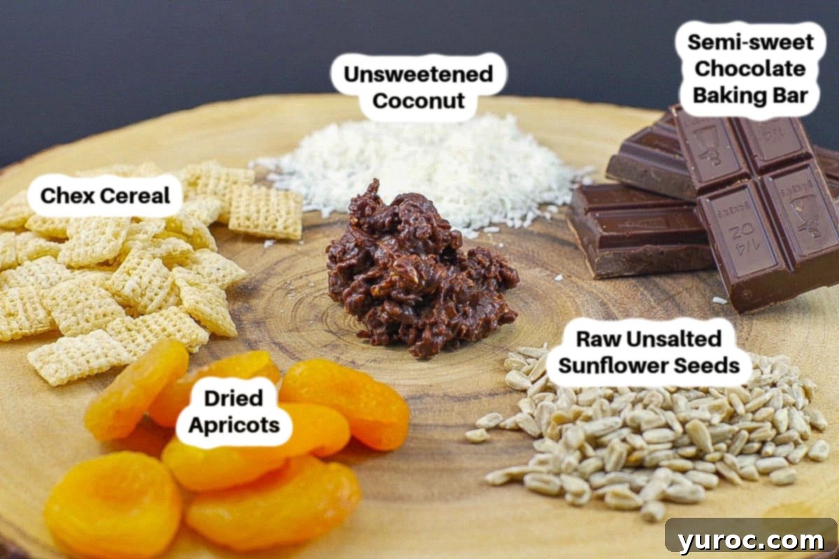 Ingredients for No-Bake Chocolate Cereal Clusters on a wooden surface, clearly labeled.