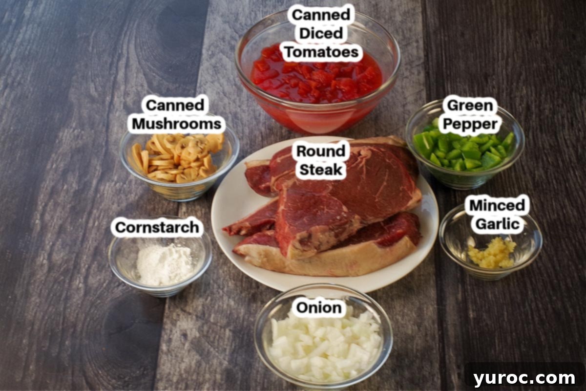 Slow Cooker Smothered Swiss Steak 3 ingredients in slow cooker swiss steak in glass bowls, labelled