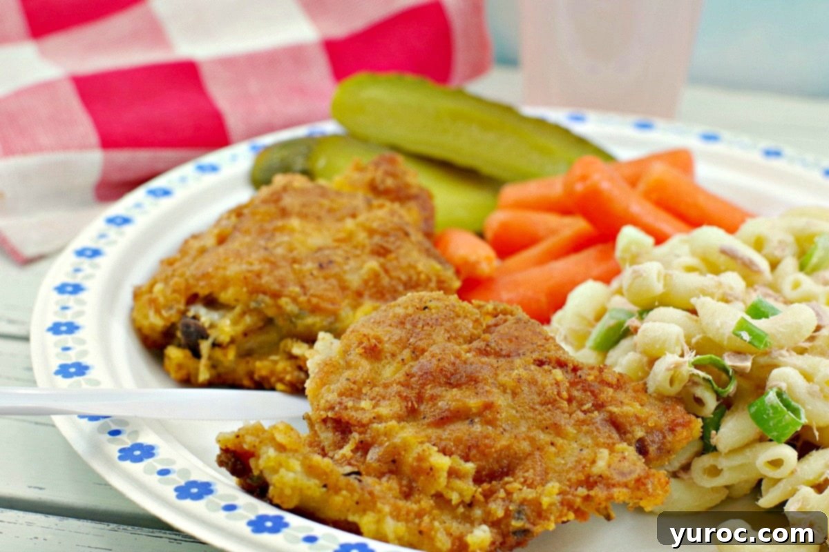 Picnic Fried Chicken on plate with macaroni saladtihe