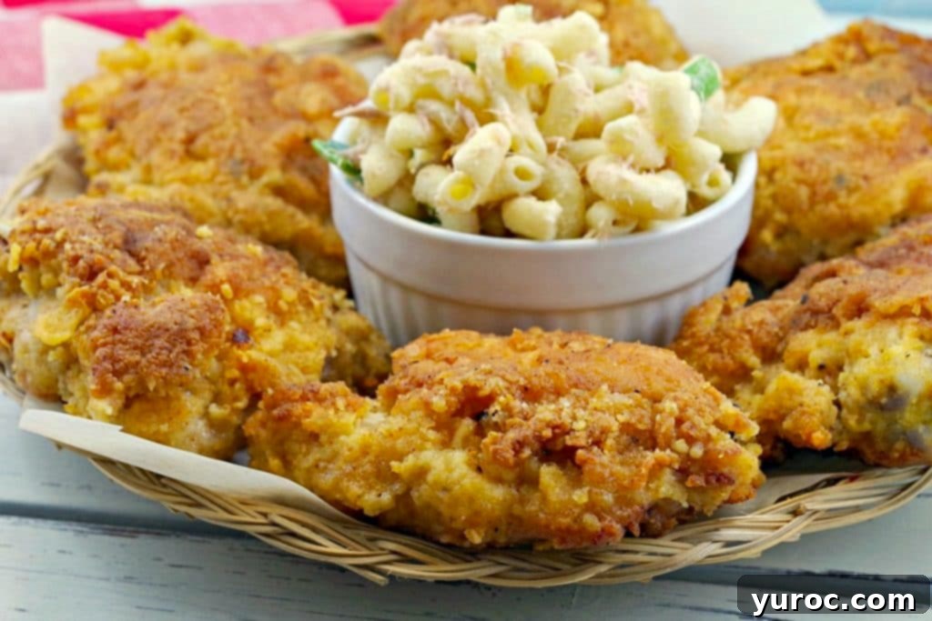 Wholesome Tuna Macaroni Salad 10 Fried chicken on a plate with bowl of macaroni salad in the middle