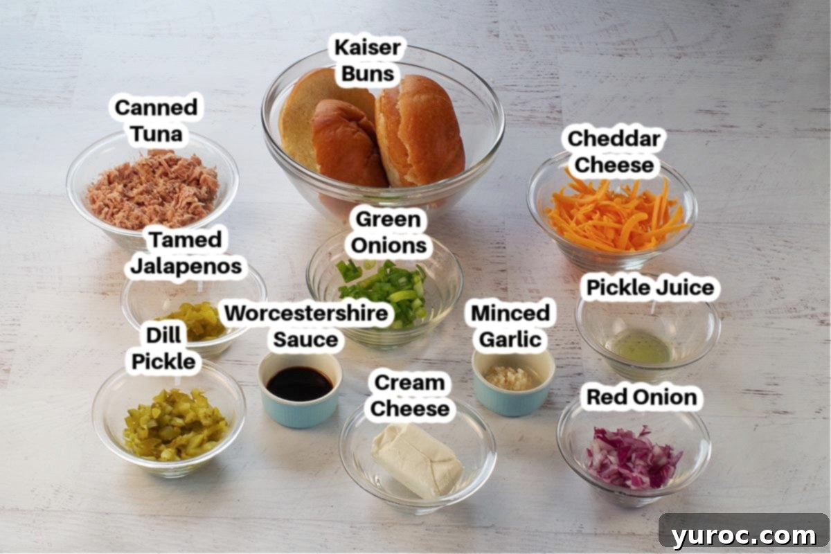 ingredients in open face tuna melts in glass bowls, labelled