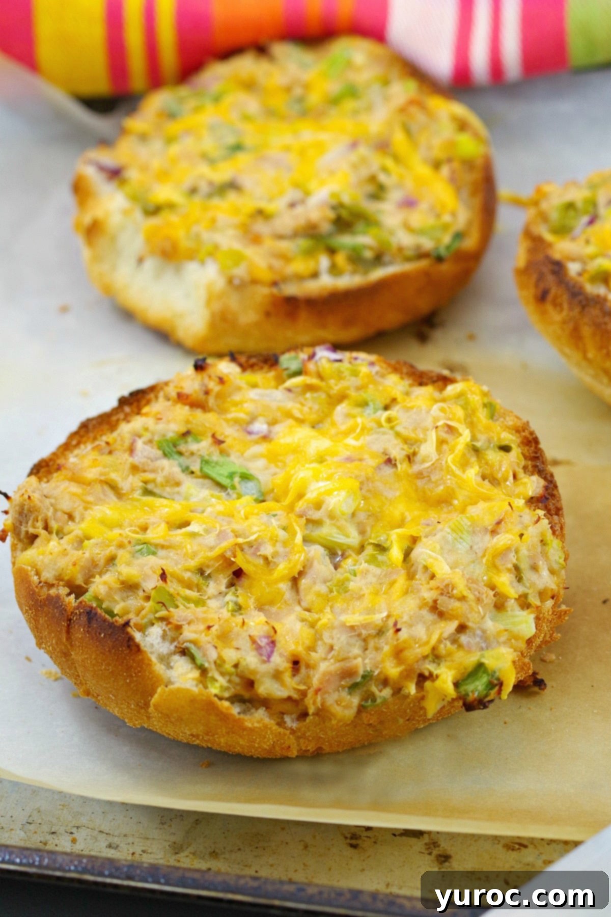 Final plated open faced tuna melts, golden brown and bubbly
