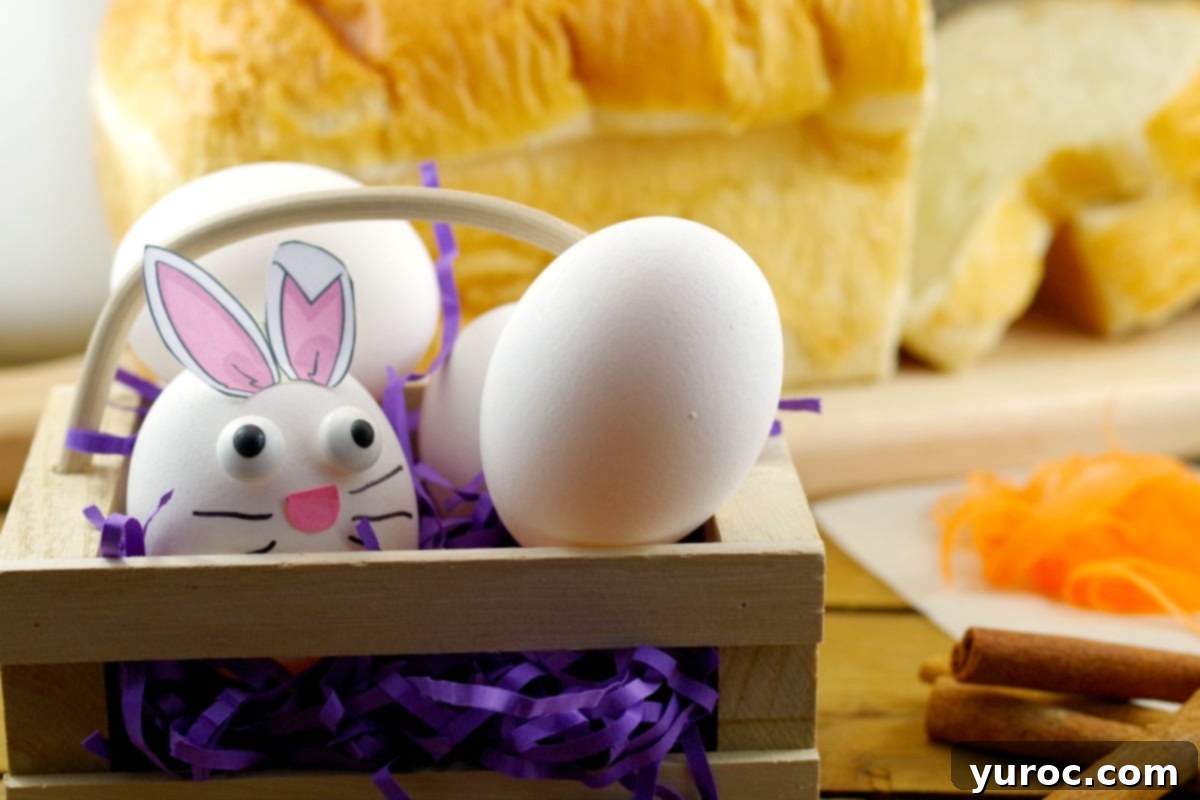 Three farm-fresh eggs are nestled in a rustic basket, one adorned with cute bunny ears for an Easter theme. In the soft-focus background, slices of thick bread, a bowl of crushed pineapple, and walnuts are visible, hinting at the delicious French toast casserole ingredients.