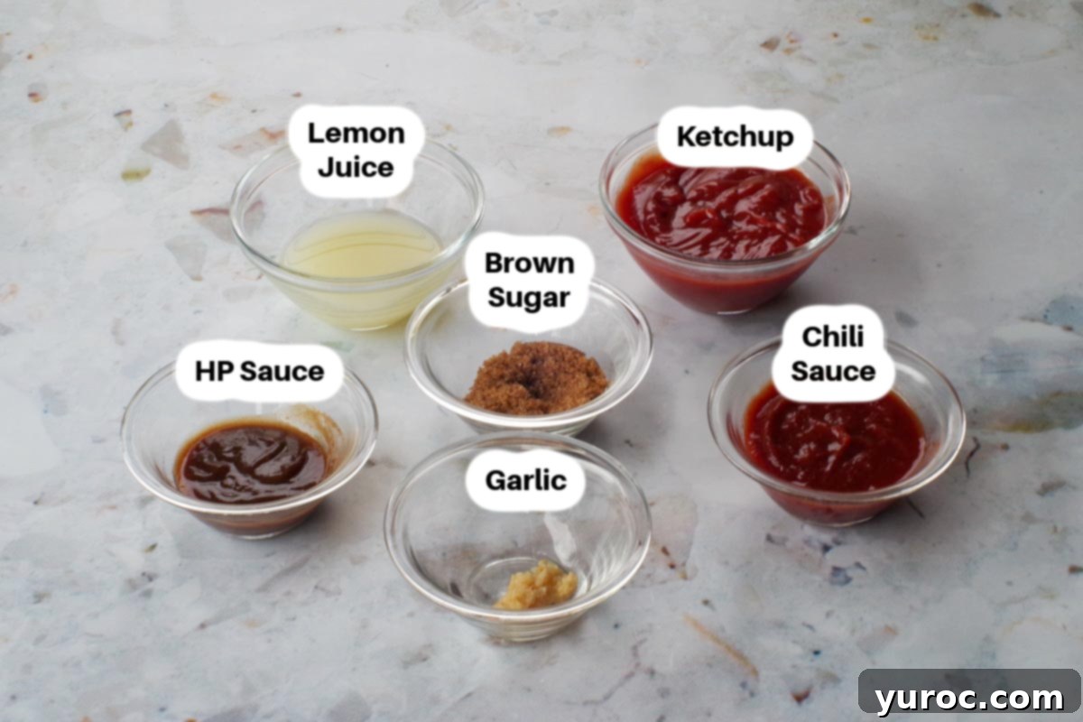 Quick and Easy Ketchup Brown Sugar BBQ Sauce 3 Ingredients for homemade BBQ sauce with ketchup and brown sugar laid out in glass bowls, clearly labeled.