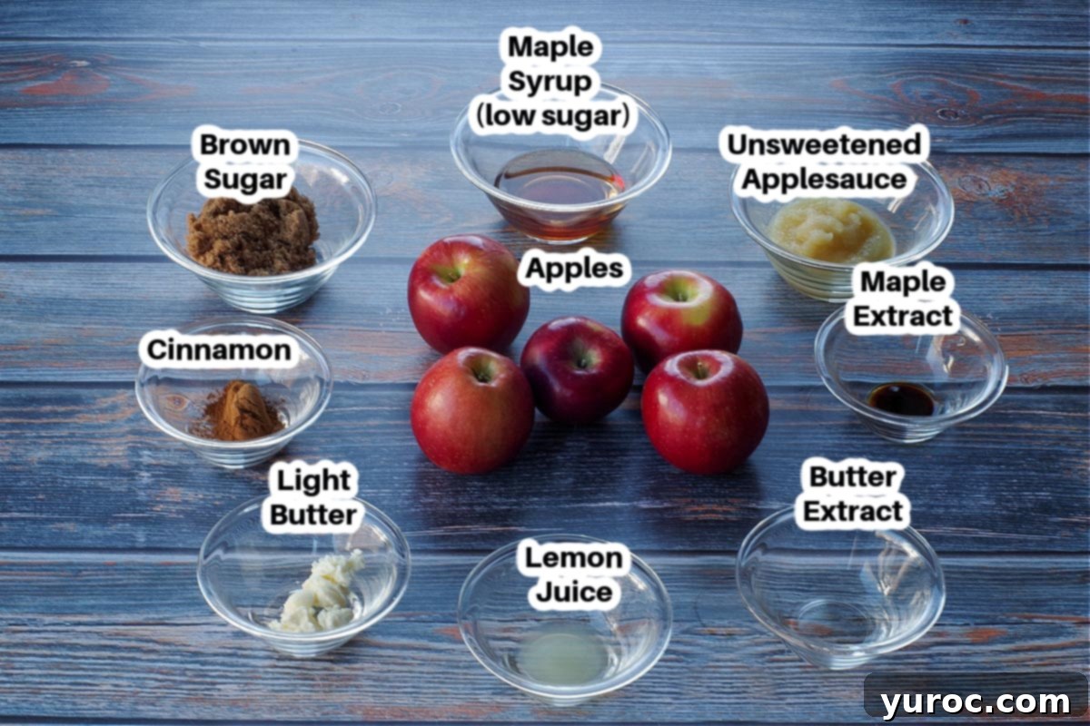 Warm Apple Cinnamon Topping 2 Glass bowls containing all the fresh and measured ingredients needed for the cinnamon apple topping recipe, clearly labeled for easy identification.