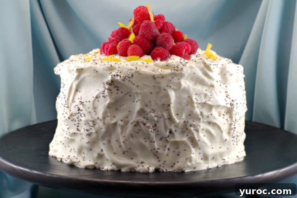 Lemon Poppy Seed Torte with Raspberry Curd and White Chocolate Whipped Cream 1 Elegant Lemon Poppy Seed Torte with Raspberry Curd and White Chocolate Whipped Cream on a black display stand.