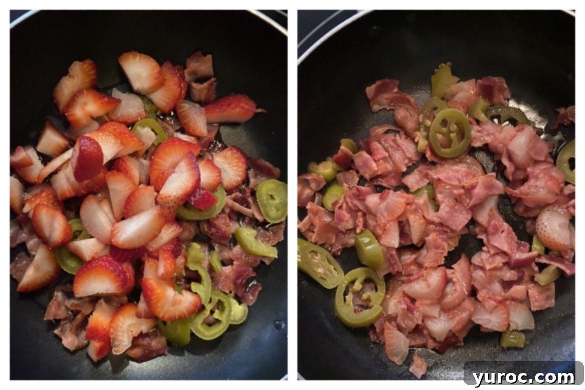 collage of 2 photos with strawberries, jalapenos, bacon and moscato in frying pan (1 raw, 1 cooked)