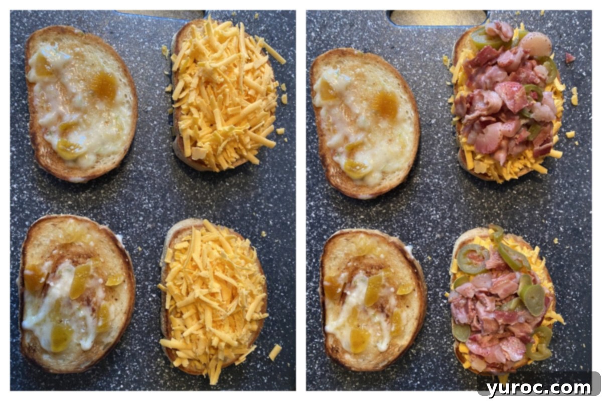 collage with 2 photos- 1st photo of bread with peach aioli on one side and cheese on the other, 2nd photo has strawberry moscato sautee on one side