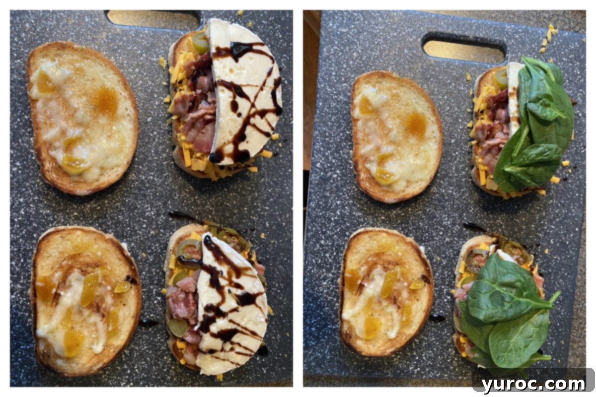 collage with 2 photos - 1 photos has sandwich with spinach and balsamic added, then the next has spinach addeed