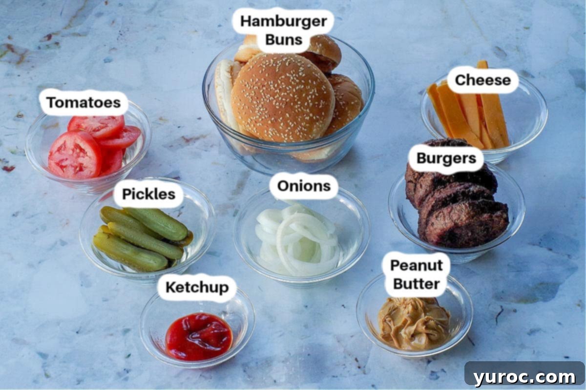 Ingredients in Goober burgers in glass bowls, labelled.