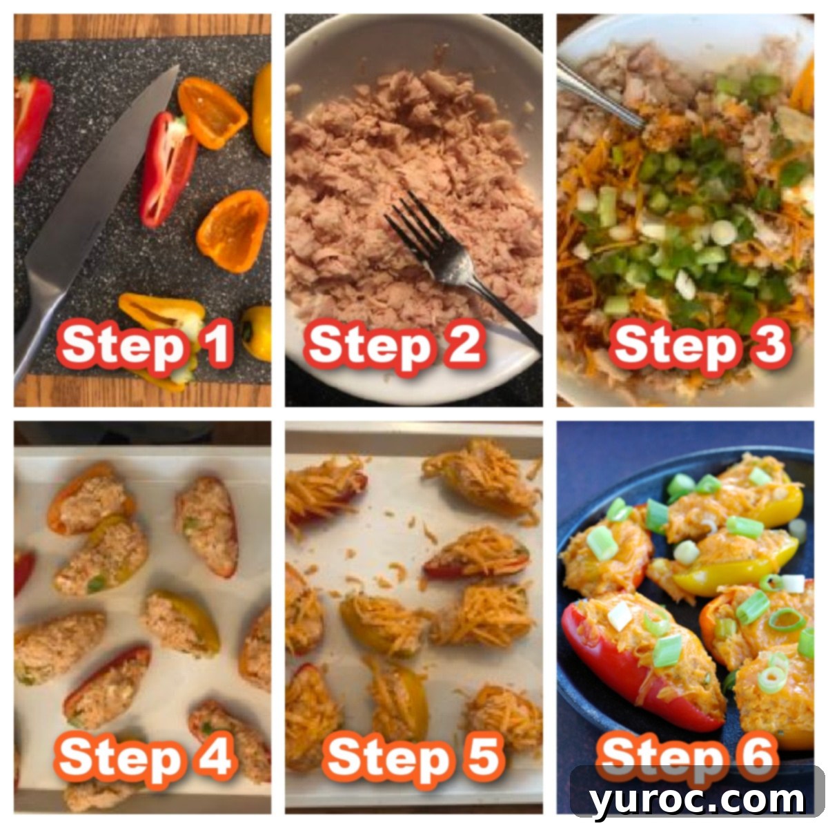 Zesty Buffalo Chicken Pepper Poppers 5 A visual collage showing six clear step-by-step photos demonstrating how to prepare buffalo chicken stuffed mini peppers, from cutting peppers to baking.