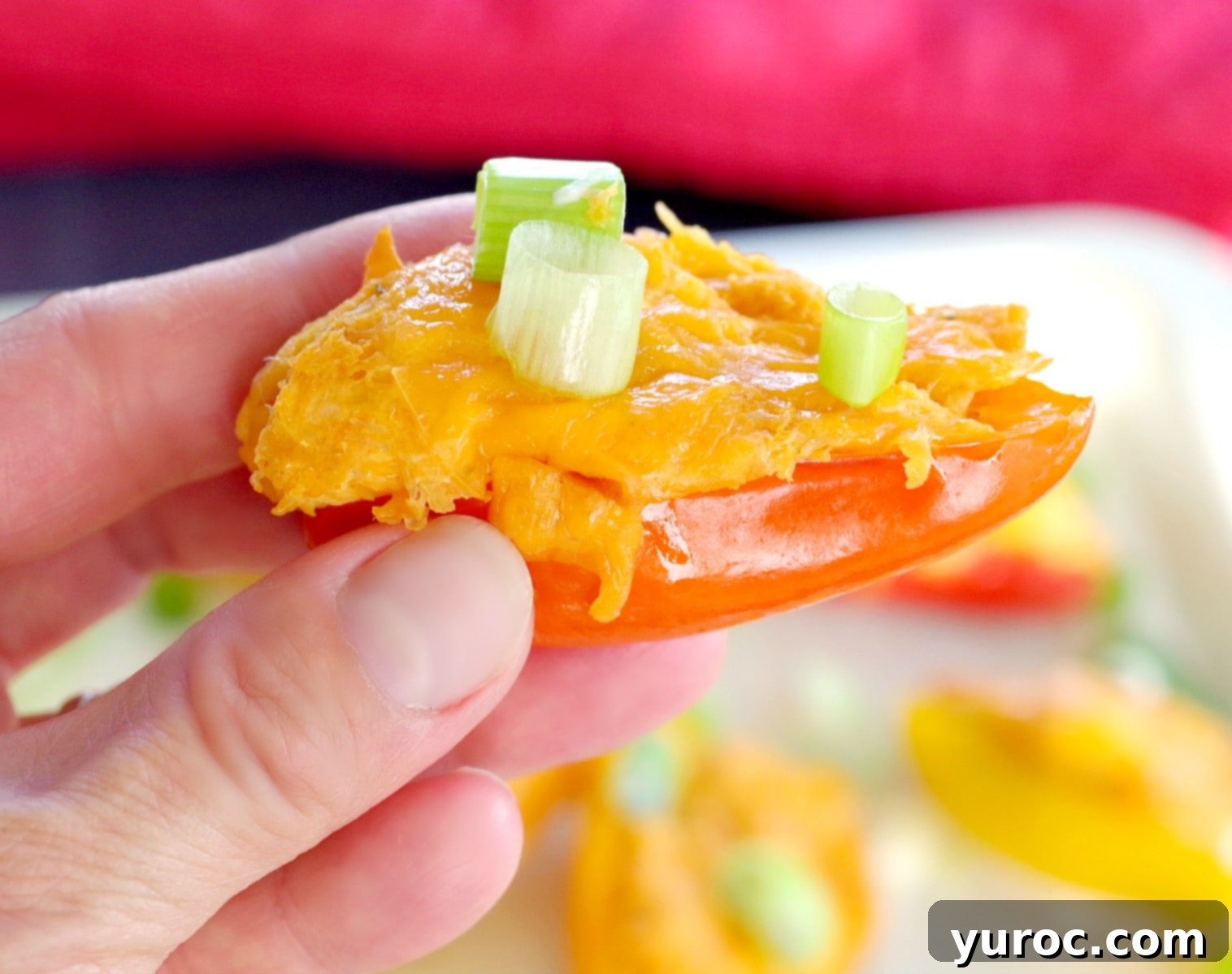 Zesty Buffalo Chicken Pepper Poppers 6 A single buffalo chicken stuffed mini pepper is held delicately between a thumb and forefinger, showcasing its perfect bite-sized portion and tempting filling.