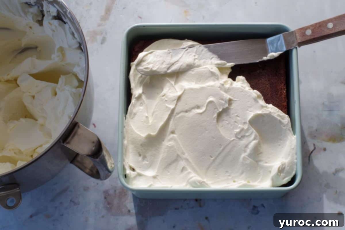 Light and airy white chocolate whipped cream frosting being smoothly spread onto a rich chocolate cake, demonstrating its perfect consistency.