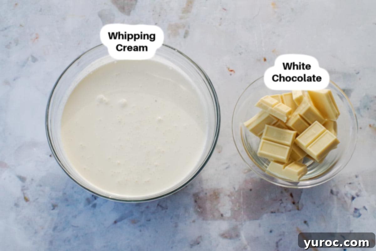 Two glass bowls, one containing solid white chocolate baking bars and the other filled with liquid whipping cream, labeled for clarity.