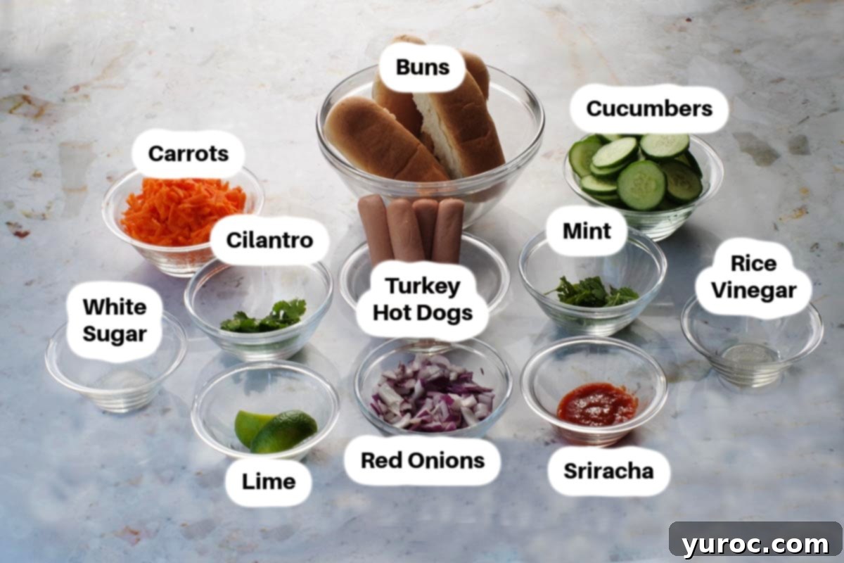 Banh Mi Turkey Hot Dog Twist 3 Banh Mi Turkey Hot Dog ingredients, labelled, in glass for easy reference and preparation.