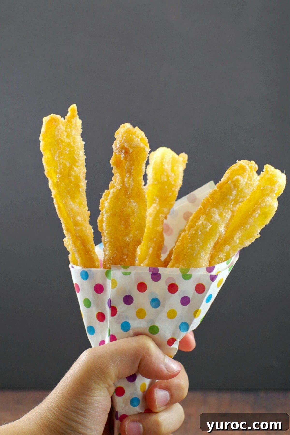 Spanish Churros in a carnival style colored polk-a-dot paper holder being held in a hand