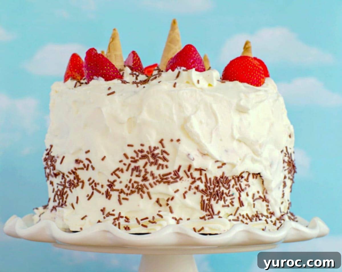 Decadent Neapolitan Ice Cream Cake 3 Whole stabilized Neapolitan Ice Cream Cake with whipped cream frosting on a white cake stand, garnished with strawberries and ice cream cone pieces