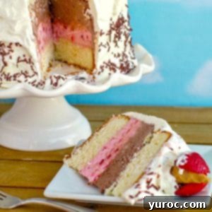 Decadent Neapolitan Ice Cream Cake 6 A slice of Neapolitan Ice Cream cake on a white plate, with the whole cake on a white cake stand in the background, showcasing distinct vanilla cake, chocolate ice cream, and strawberry ice cream layers