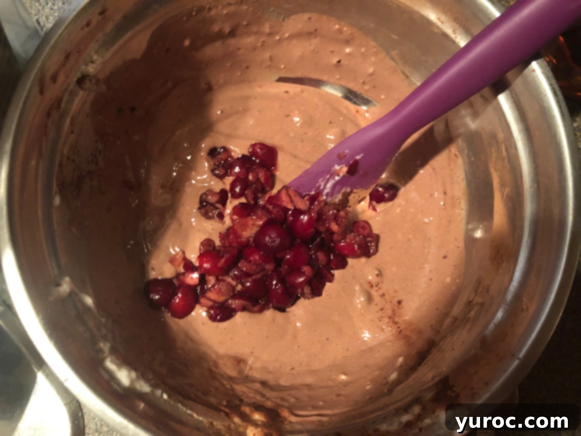 Homemade chocolate yogurt mixed with chopped cherries and chocolate chips in a bowl, showing the rich, creamy texture.