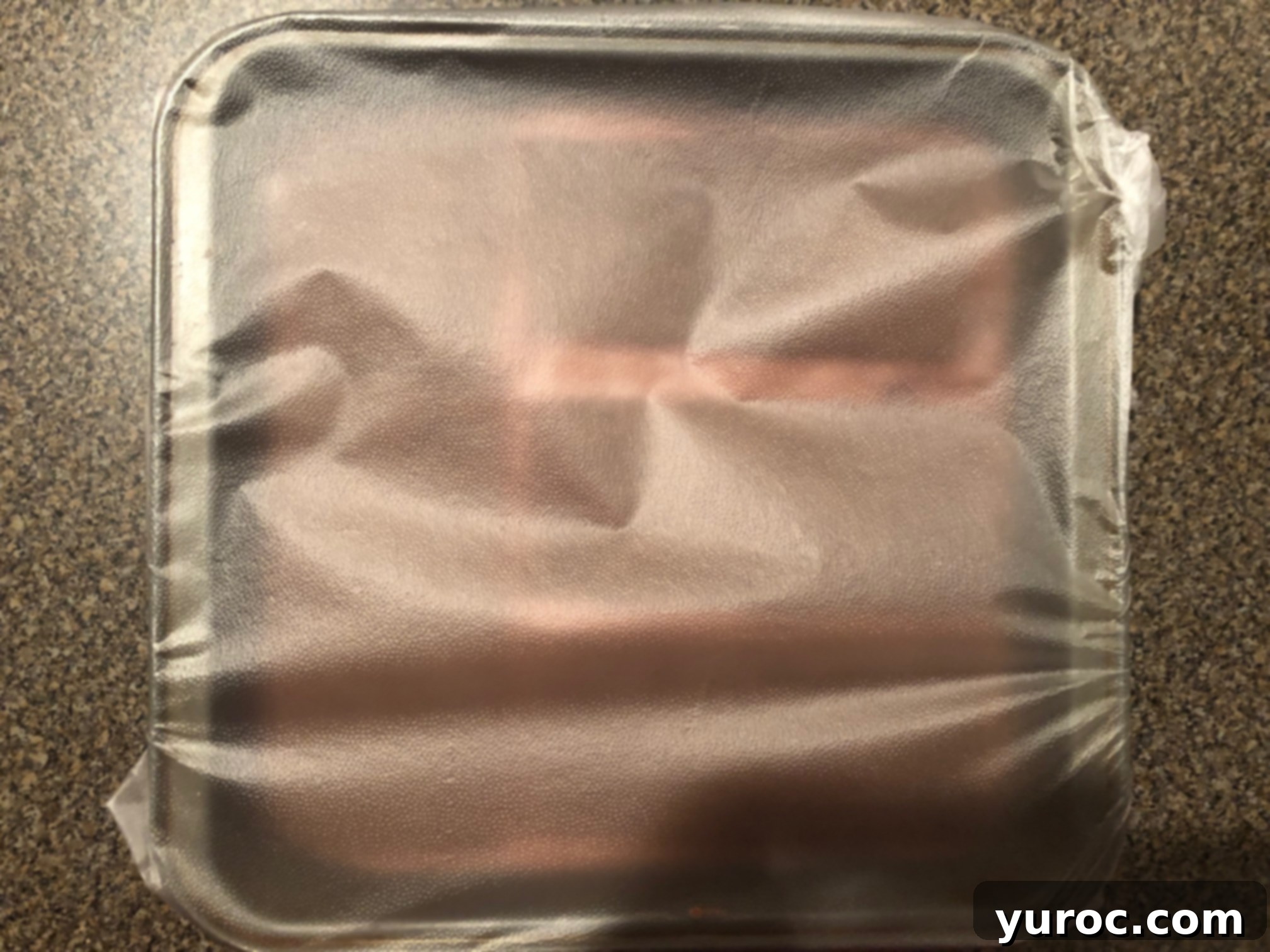 The pan covered with plastic wrap, ready to be placed in the freezer for solidification.