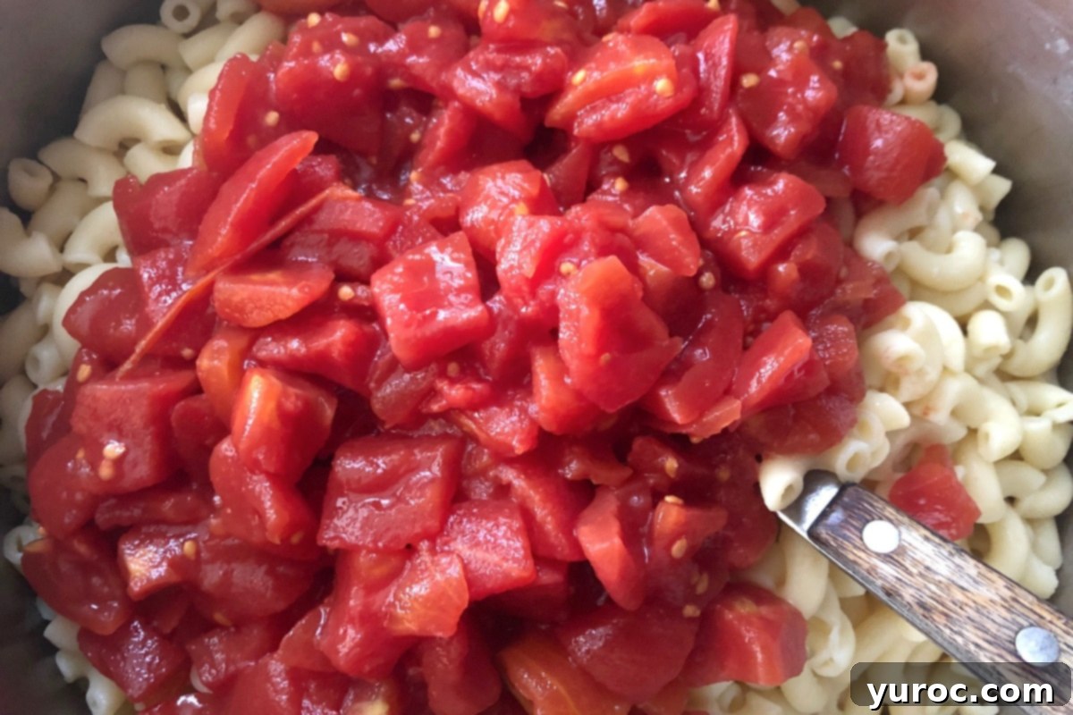 Tomatoes being added to macaroni