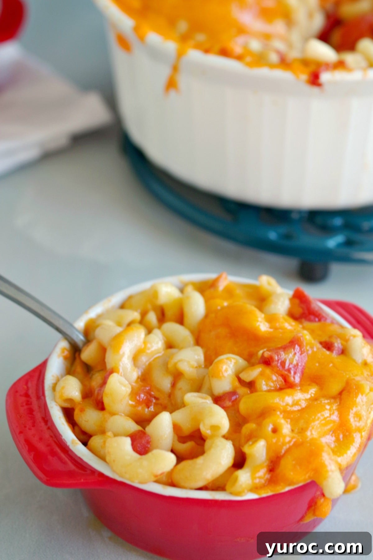 macaroni cheese and tomatoes in red bowl