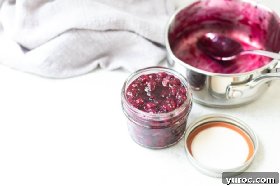 A rustic jar brimming with homemade Saskatoon Berry Jam, with a cooking pot partially visible in the background, hinting at its fresh preparation.