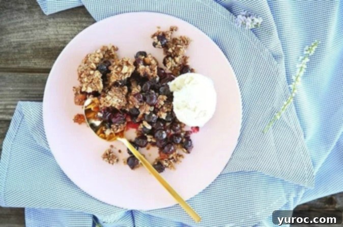 A delightful serving of Wild Saskatoon Berry Crumble positioned on a plate, showcasing its golden topping and juicy berry filling.
