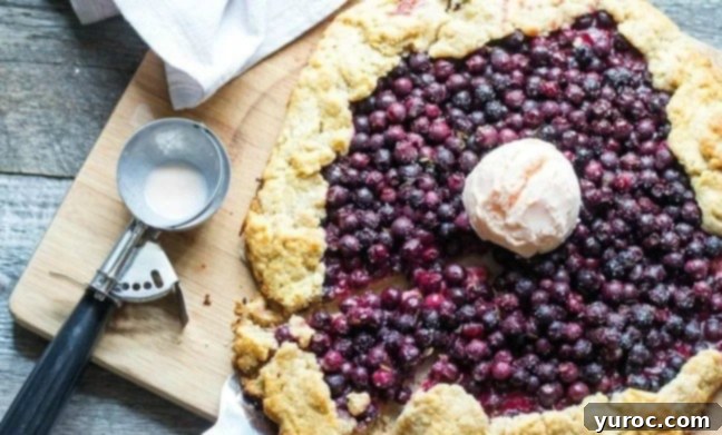 A beautifully rustic Saskatoon Berry Galette adorned with a scoop of ice cream, with an ice cream scoop visible beside it.