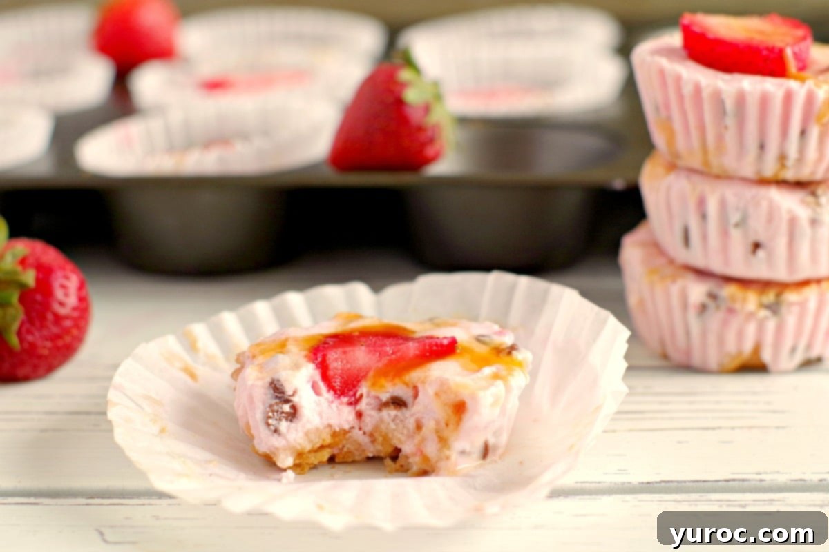 Strawberry Cone Crunch Frozen Yogurt Cups 10 Strawberry Drumstick frozen yogurt cup that's been bit into on wrapper with muffin pan in background