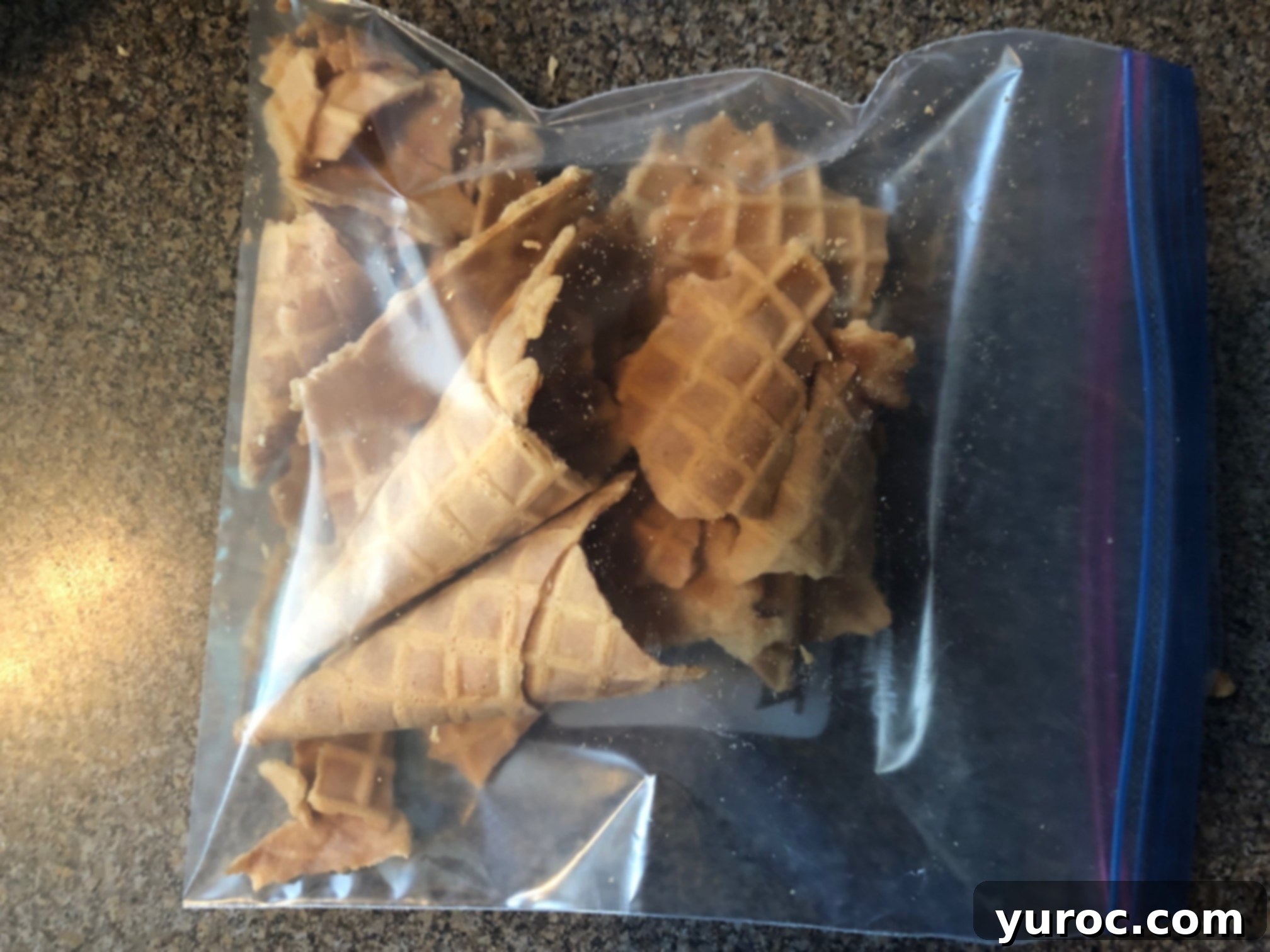 Strawberry Cone Crunch Frozen Yogurt Cups 3 Waffle cones in ziplock bag, ready to be crushed
