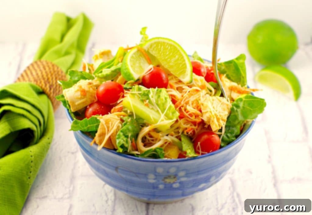 A vibrant bowl of Thai Chicken Noodle Salad with grilled chicken, vermicelli noodles, and a rich peanut lime dressing.