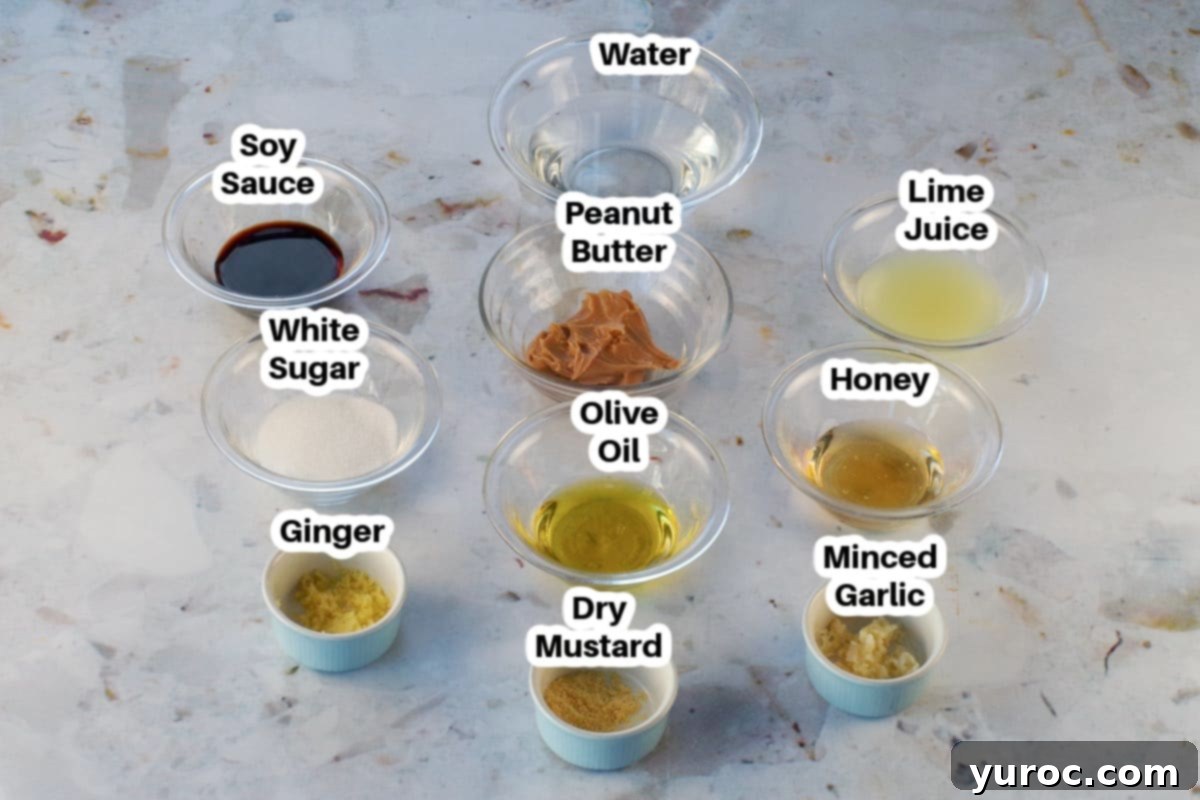 Assorted dressing ingredients like ginger, lime juice, honey, and peanut butter in glass bowls, labelled.