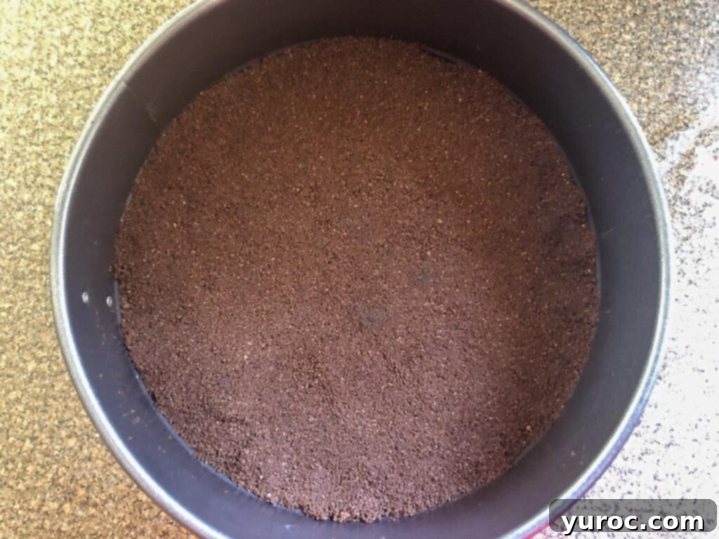A chocolate graham cracker crust neatly pressed into the bottom of a springform pan, creating a perfect base for the cheesecake.