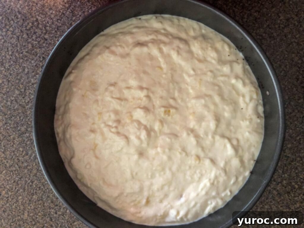 Creamy pina colada cheesecake mixture gently spread over the chilled chocolate crust in a springform pan.