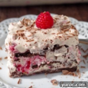 Decadent Dulce De Leche Chocolate Raspberry Icebox Cake 19 raspberry dulce de leche icebox cake on white plate with glass dish of cake in the background