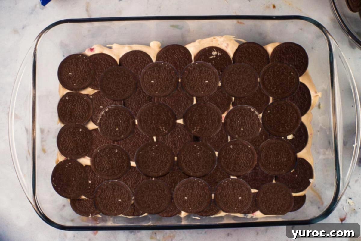 Decadent Dulce De Leche Chocolate Raspberry Icebox Cake 9 double layer of cookies on top of whipped cream layer.