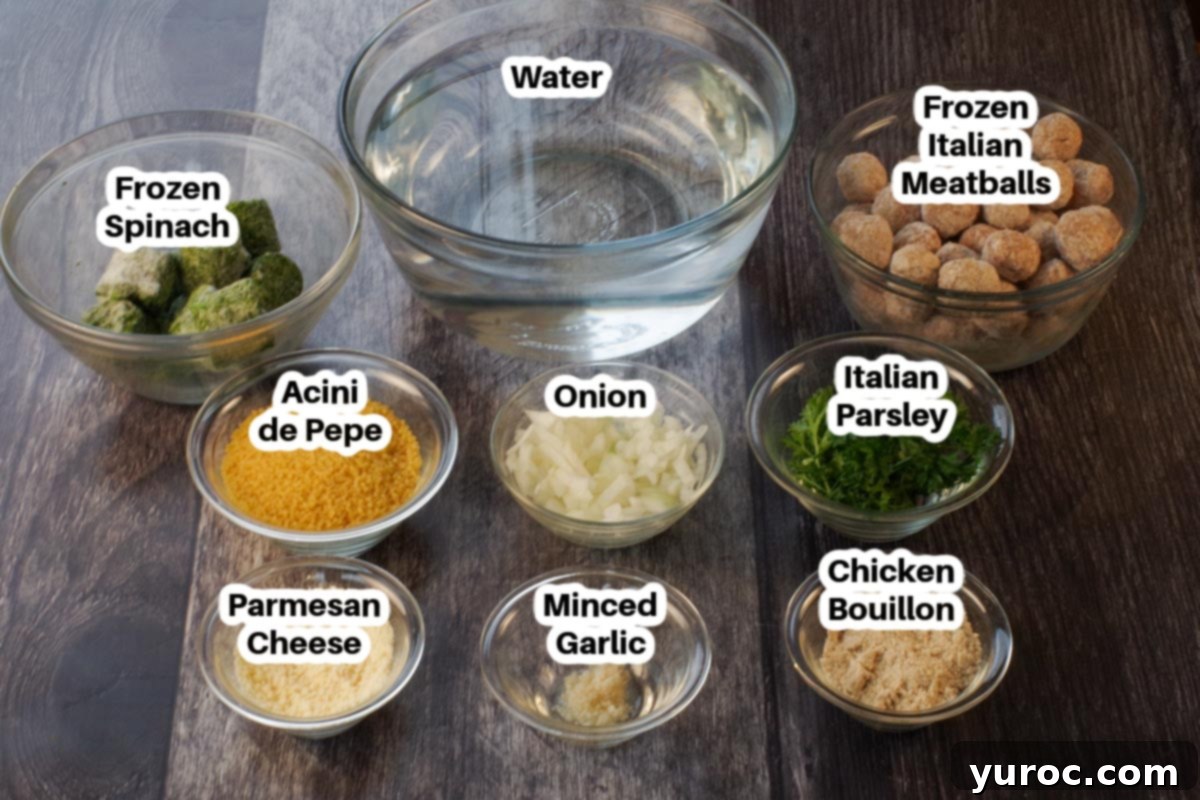 Easy Italian Wedding Soup ingredients in glass bowls, labelled