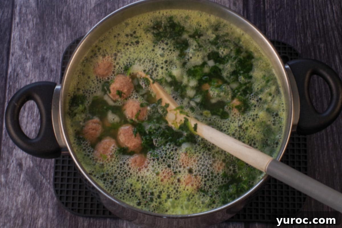 Meatballs and pasta added to soup in soup pot