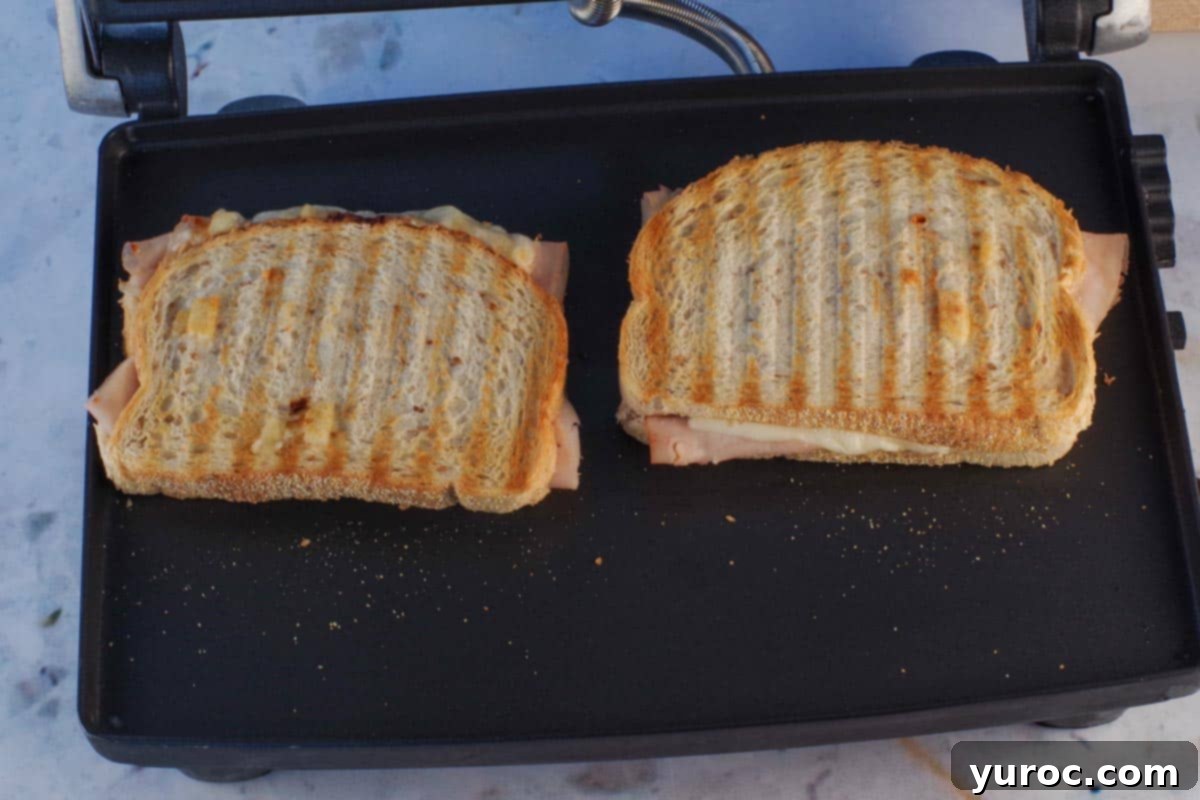 2 cooked Turkey Reuben Paninis on a panini press.