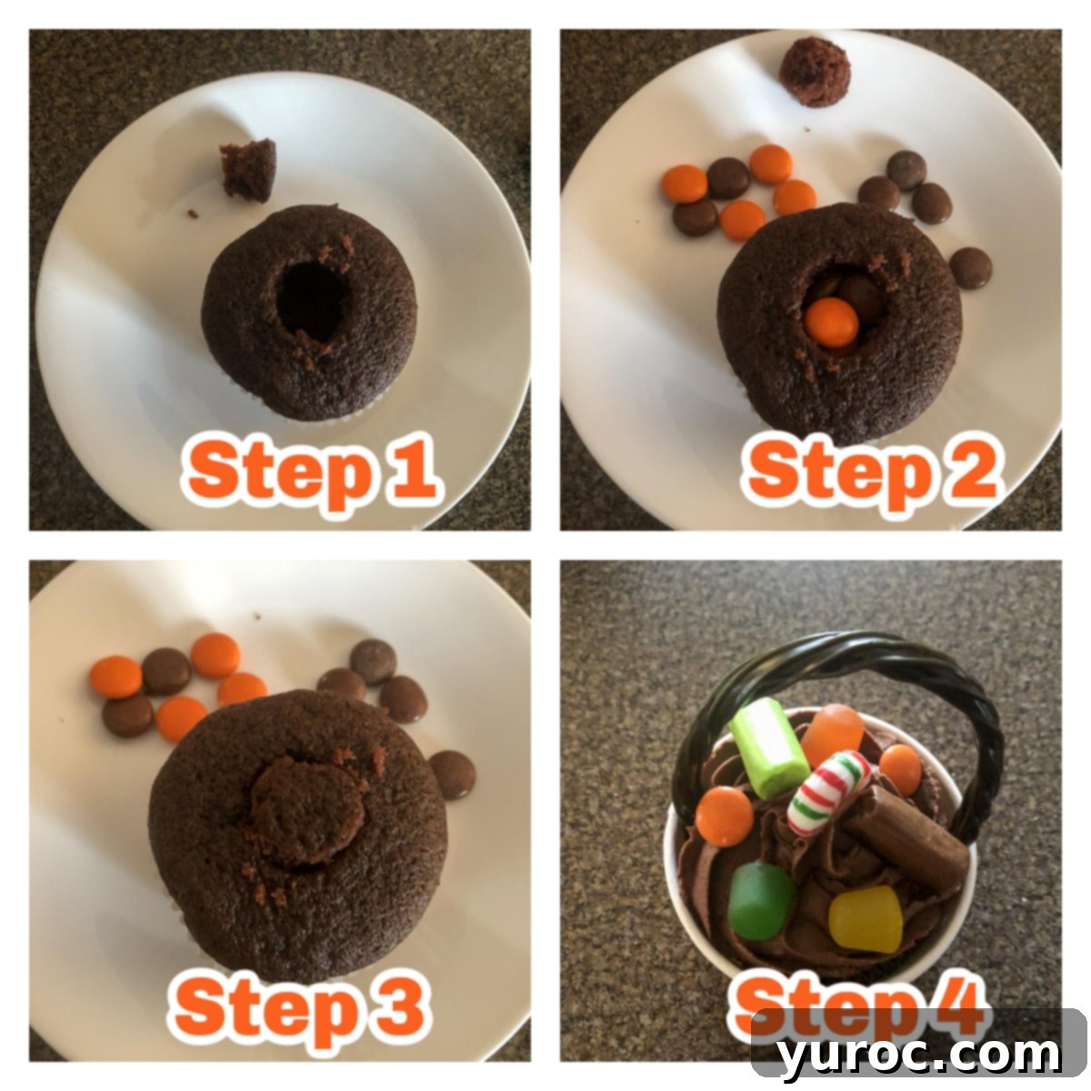 collage of 4 photos of instructions to make Halloween candy cupcakes, showing each step visually