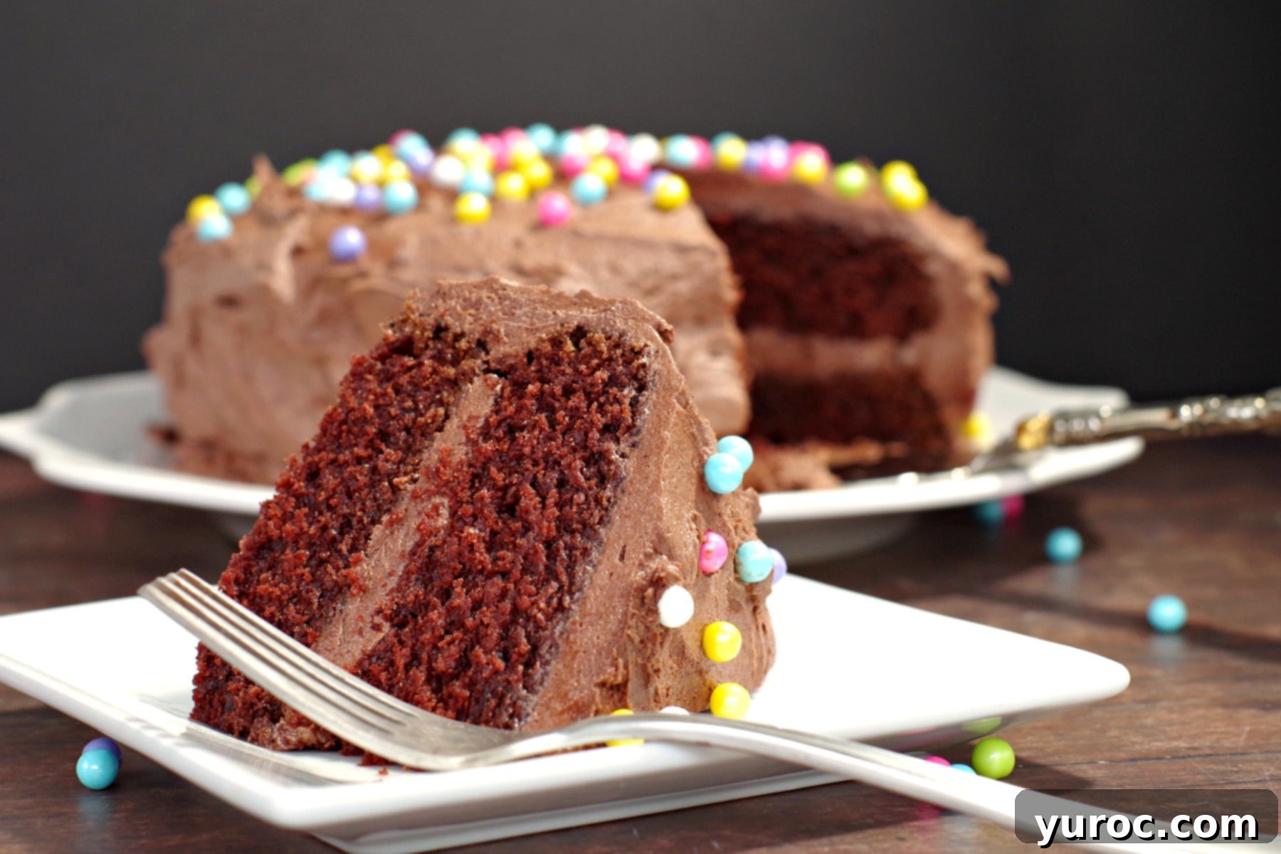Chocolate Mayonnaise Cake with a slice cut out, showcasing its moist texture. The full cake is visible in the background.